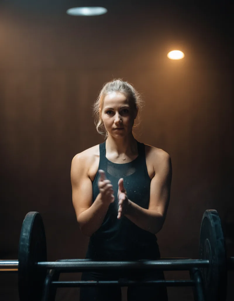 Portrait of Meike Söhnholz, coach at Eisenlager, chalking her hands at the deadlift platform