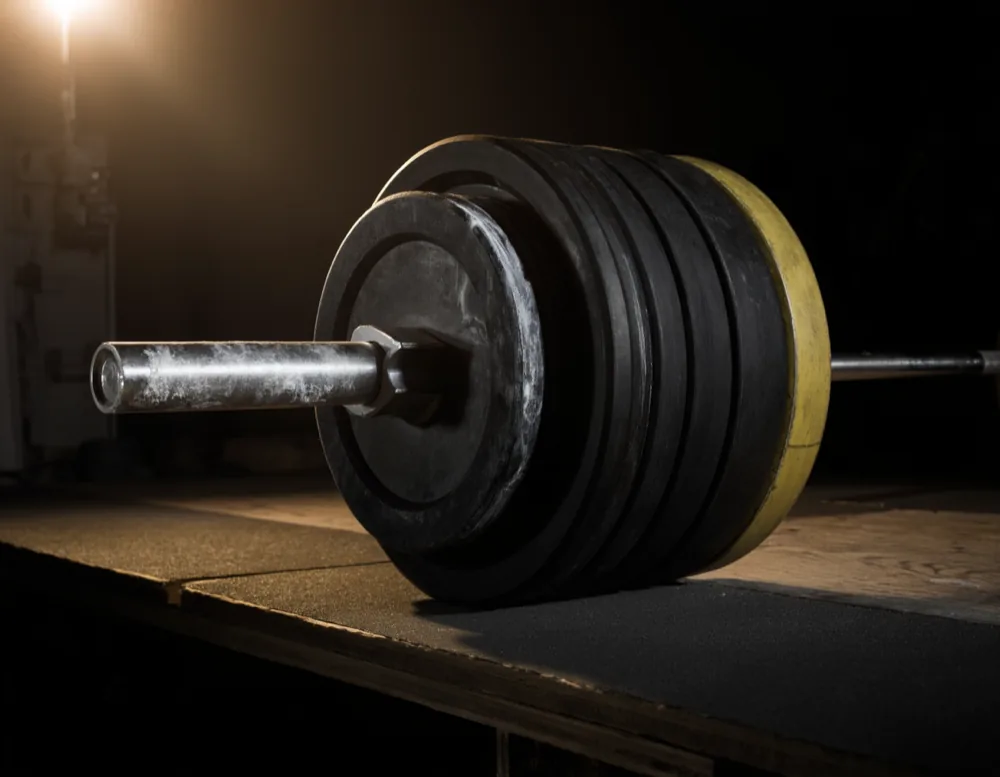 Loaded barbell with calibrated competition plates on a wooden platform under a tungsten spot